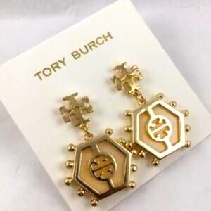 Nwot Tory Burch Rare Cream And Gold Hexagon Stud  Earrings